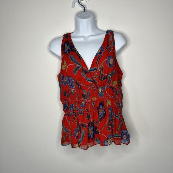 Rebecca Minkoff Top Womens Medium Red Floral Lucy Sleeveless Ruffle Tier Chiffon - Picture 13 of 16